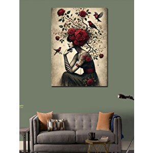Kanvas Tablo Güllü Kadın Ve Kuş 50x70 cm