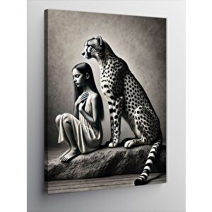 Kanvas Tablo Leopar Ve Kadın Silueti 100x140 cm