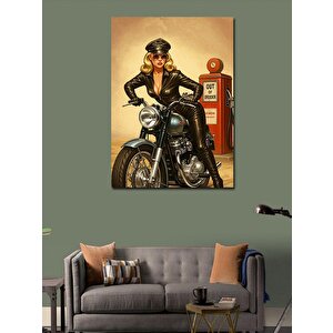 Kanvas Tablo Deri Ceketli Motosikletçi Kadın 100x140 cm