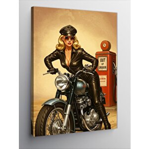 Kanvas Tablo Deri Ceketli Motosikletçi Kadın 50x70 cm