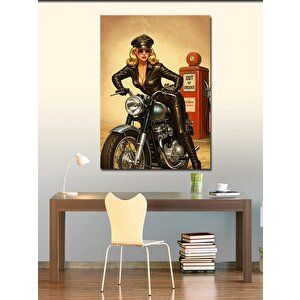 Kanvas Tablo Deri Ceketli Motosikletçi Kadın 50x70 cm