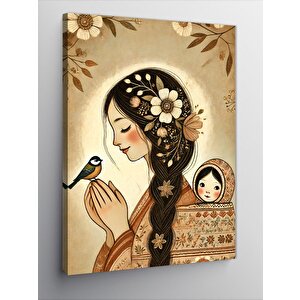 Kanvas Tablo Kuşlu Kadın Portresi 100x140 cm