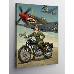 Kanvas Tablo Savaş Uçağı Ve Motosiklet Kadını 100x140 cm