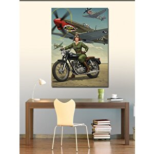 Kanvas Tablo Savaş Uçağı Ve Motosiklet Kadını 100x140 cm