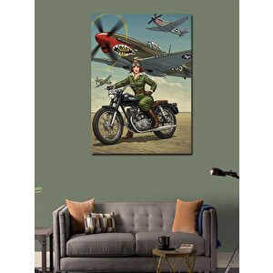 Kanvas Tablo Savaş Uçağı Ve Motosiklet Kadını 100x140 cm