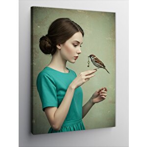 Kanvas Tablo Kuşla Dostluk Kurmuş Kadın 70x100 cm