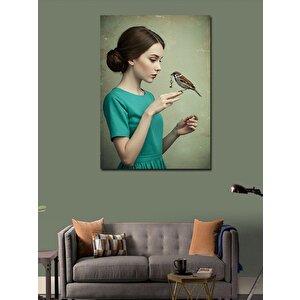 Kanvas Tablo Kuşla Dostluk Kurmuş Kadın 70x100 cm