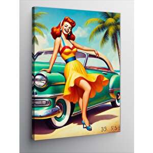Kanvas Tablo Retro Araba Ve Kadın 100x140 cm