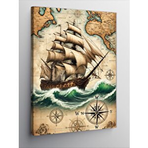 Kanvas Tablo Yelkenli Gemi Ve Pusula Haritası 50x70 cm