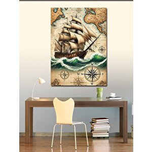Kanvas Tablo Yelkenli Gemi Ve Pusula Haritası 50x70 cm