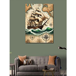 Kanvas Tablo Yelkenli Gemi Ve Pusula Haritası 50x70 cm