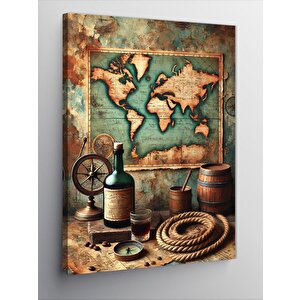 Kanvas Tablo Dünya Haritası Ve Şarap Şişesi 50x70 cm