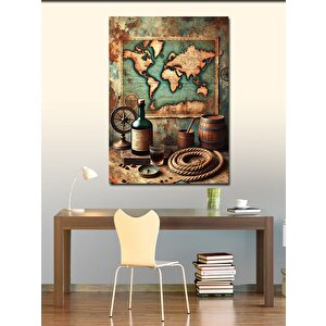 Kanvas Tablo Dünya Haritası Ve Şarap Şişesi 50x70 cm