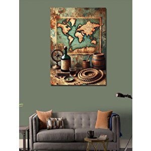 Kanvas Tablo Dünya Haritası Ve Şarap Şişesi 50x70 cm
