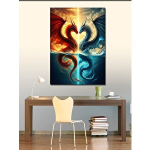 Kanvas Tablo İki Ejderha Ve Kalp Şeklinde Desen 70x100 cm
