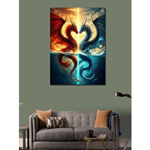 Kanvas Tablo İki Ejderha Ve Kalp Şeklinde Desen 70x100 cm