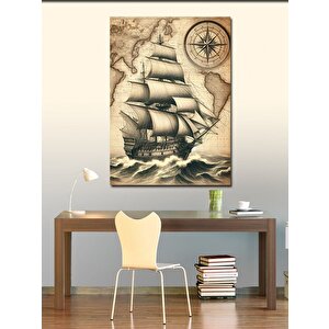 Kanvas Tablo Yelkenli Gemi Ve Antik Harita 100x140 cm
