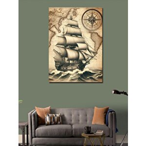 Kanvas Tablo Yelkenli Gemi Ve Antik Harita 100x140 cm