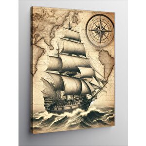 Kanvas Tablo Yelkenli Gemi Ve Antik Harita 50x70 cm