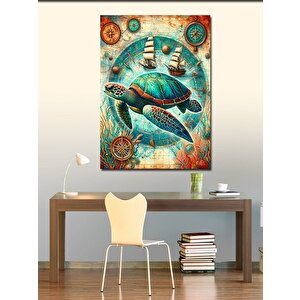 Kanvas Tablo Deniz Kaplumbağası Ve Harita 70x100 cm