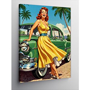 Kanvas Tablo Retro Kadın Ve Klasik Araba 50x70 cm