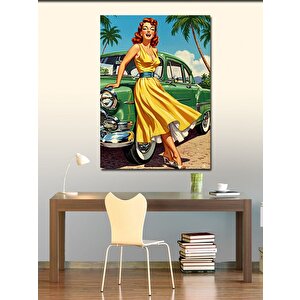 Kanvas Tablo Retro Kadın Ve Klasik Araba 50x70 cm
