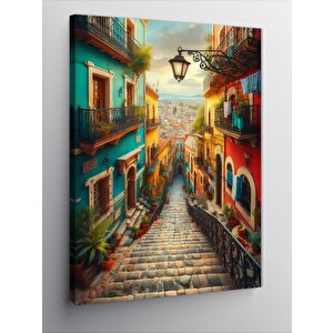 Kanvas Tablo Renkli Sokak Ve Akdeniz Ruhuyla Merdivenler 100x140 cm