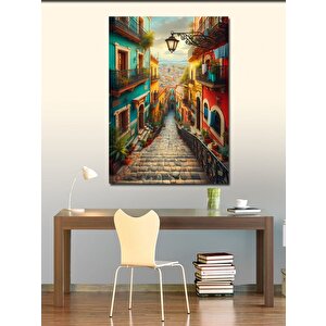 Kanvas Tablo Renkli Sokak Ve Akdeniz Ruhuyla Merdivenler 100x140 cm