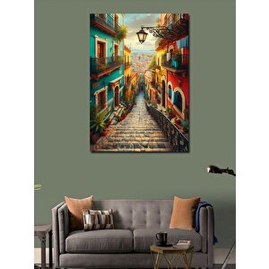 Kanvas Tablo Renkli Sokak Ve Akdeniz Ruhuyla Merdivenler 100x140 cm