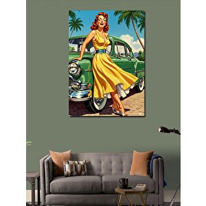 Kanvas Tablo Retro Kadın Ve Klasik Araba 70x100 cm