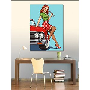 Kanvas Tablo Retro Kadın Ve Kırmızı Araba 70x100 cm