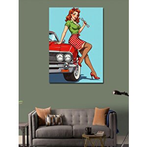 Kanvas Tablo Retro Kadın Ve Kırmızı Araba 70x100 cm