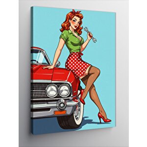 Kanvas Tablo Retro Kadın Ve Kırmızı Araba 100x140 cm