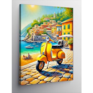 Kanvas Tablo Sarı Motosiklet Ve Akdeniz Sokakları 100x140 cm