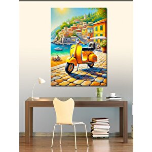 Kanvas Tablo Sarı Motosiklet Ve Akdeniz Sokakları 100x140 cm