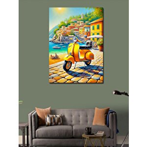 Kanvas Tablo Sarı Motosiklet Ve Akdeniz Sokakları 70x100 cm