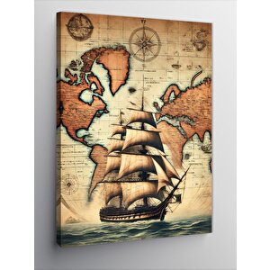 Kanvas Tablo Antik Gemi Ve Dünya Haritası 50x70 cm