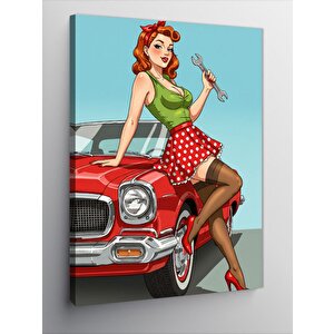Kanvas Tablo Retro Kadın Ve Araba 50x70 cm