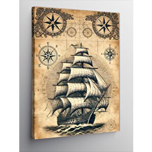 Kanvas Tablo Yelkenli Gemi Ve Harita Teması 50x70 cm