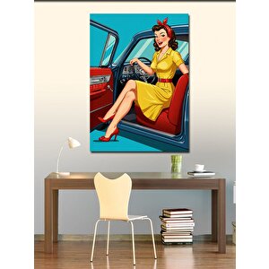 Kanvas Tablo Retro Araba Ve Sarı Elbiseli Kadın 100x140 cm