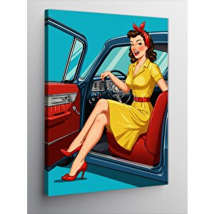 Kanvas Tablo Retro Araba Ve Sarı Elbiseli Kadın 50x70 cm