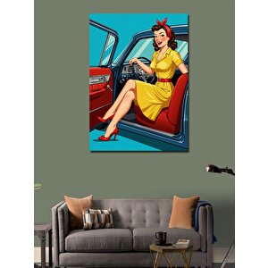 Kanvas Tablo Retro Araba Ve Sarı Elbiseli Kadın 50x70 cm