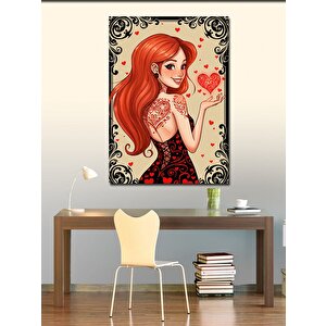 Kanvas Tablo Kırmızı Saçlı Ve Kalpli Kadın 50x70 cm