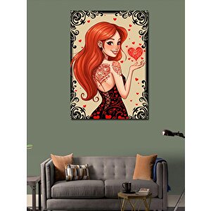 Kanvas Tablo Kırmızı Saçlı Ve Kalpli Kadın 50x70 cm