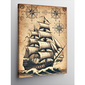 Kanvas Tablo Yelkenli Gemi Ve Harita Detayları 50x70 cm