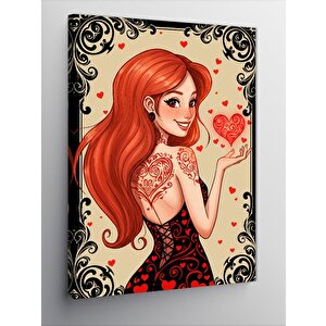 Kanvas Tablo Kırmızı Saçlı Ve Kalpli Kadın 100x140 cm