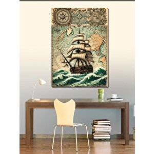Kanvas Tablo Eski Dünya Haritası Ve Gemi 100x140 cm