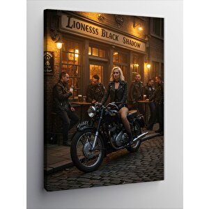 Kanvas Tablo Motosikletli Kadın Gece Sokakta 70x100 cm