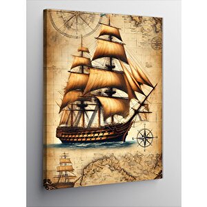 Kanvas Tablo Yelkenli Gemi Ve Antik Harita 100x140 cm