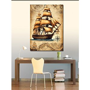 Kanvas Tablo Yelkenli Gemi Ve Antik Harita 100x140 cm
